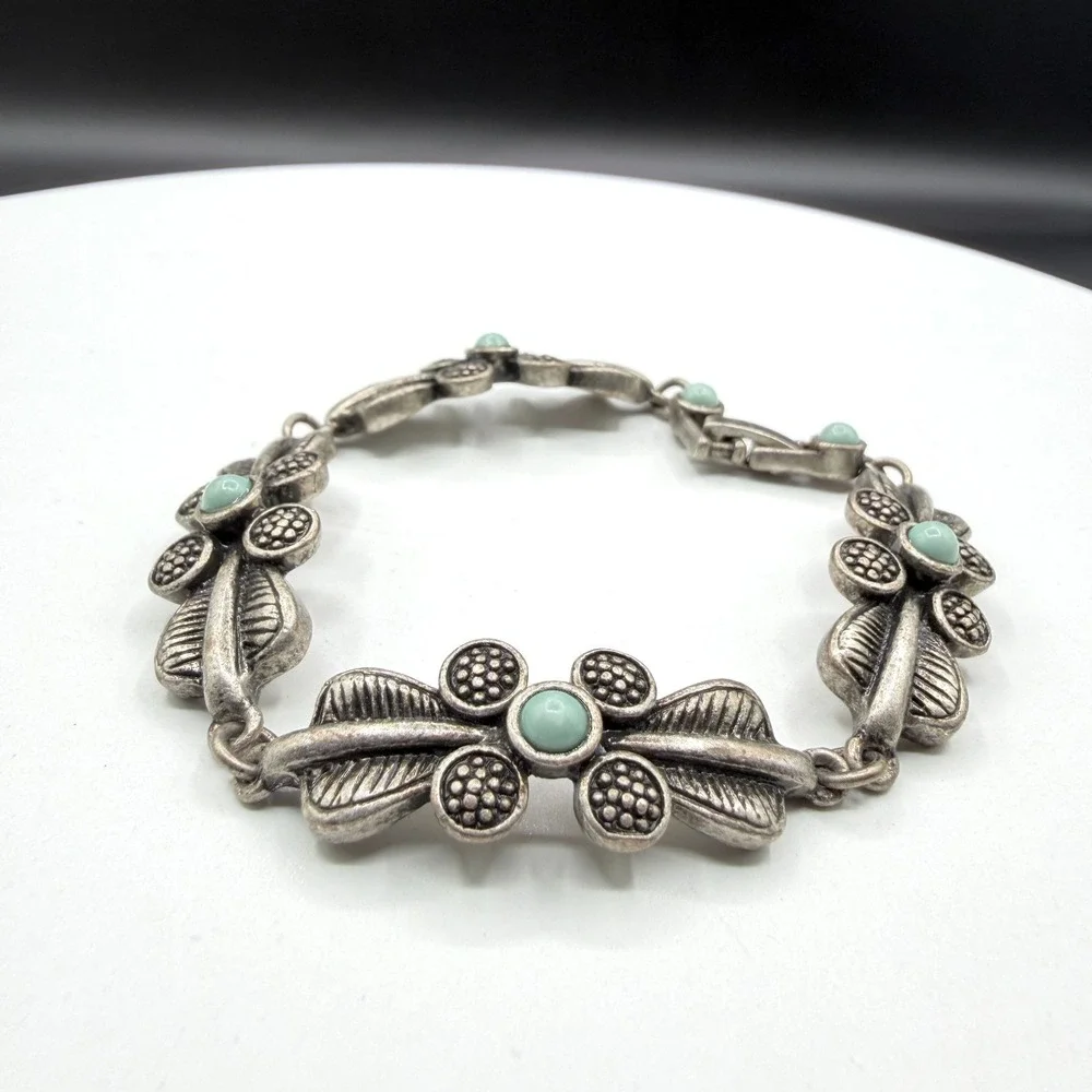 Silver Tone Floral Link Bracelet Aqua Cabochon Boho Cottagecore Statement Gift
